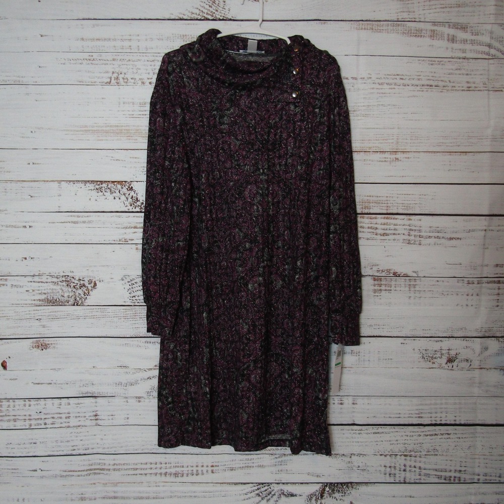 London Times Dress Womens Large Wine Metallic Knit Long Sleeve Cowl Neck T6944M